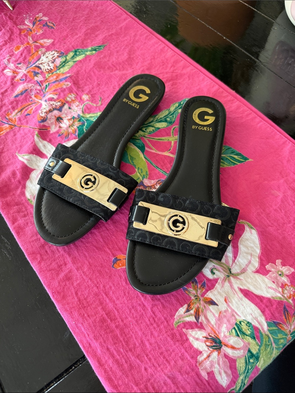 Guess Black Slide Sandals with Gold Logo Plate